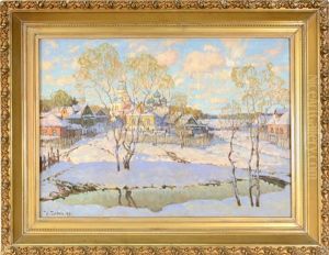 Russian Village With Onion Domes In The Distance by Konstantin Ivanovich Gorbatov