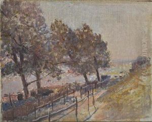 Uferweg, Sonnenbeschienen, Von Laubbaumen Gesaumt by Konstantin Ivanovich Gorbatov