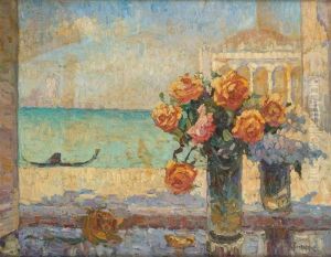 Vase Fleuri De Roses Sur Fond De Lagune by Konstantin Ivanovich Gorbatov