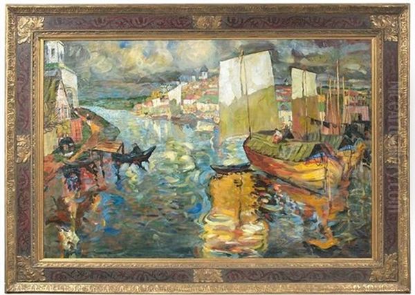 Segelschiffe Und Ruderboote Im Hafen Einer Russischen Stadt - view 1