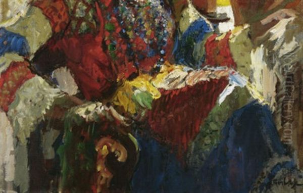 Portratstudie Einer Sitzenden Frau In Buntem Kleid - view 1