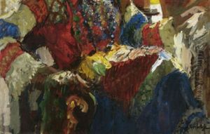 Portratstudie Einer Sitzenden Frau In Buntem Kleid by Konstantin Ivanovich Gorbatov
