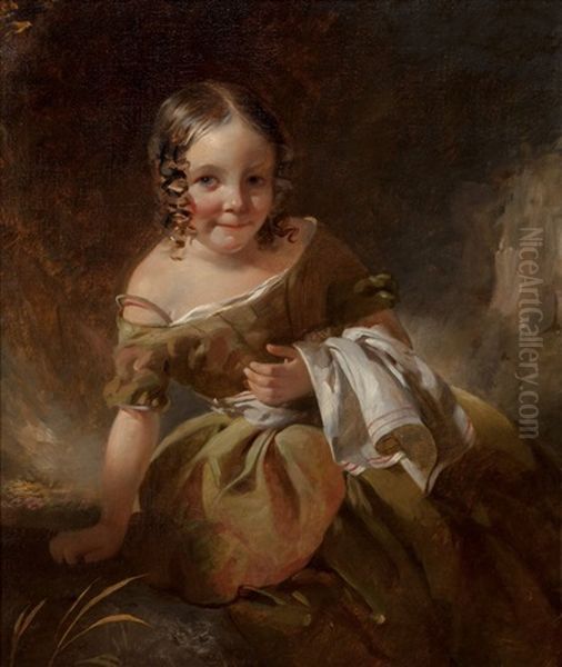 Portrait Of A Young Girl With Curls In An Olive Green Dress - view 1