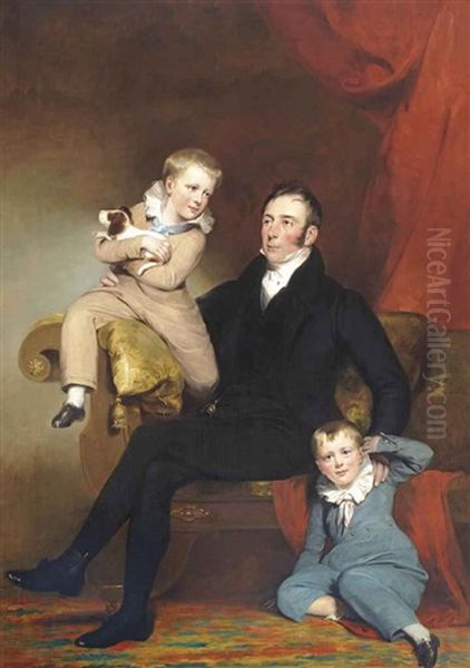 Portrait Of William Johnston Of Lathrick With His Two Sons, Full-length, The Father Seated Wearing A Dark Suit And White Cravat... - view 1