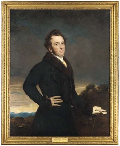 Portrait Of A Gentleman In A Dark Blue Coat With Fur Collar And Cuffs In A Landscape - view 1