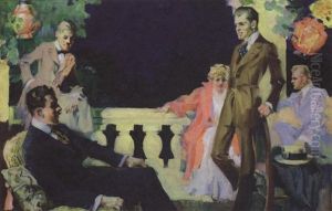 Four Well-dressed Men And Woman On Verandah by Leon Gordon