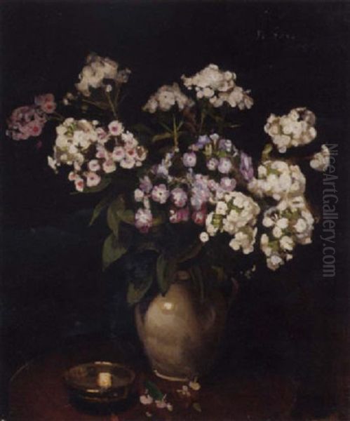 Phlox In A Jug With A Silver Dish On A Table - view 1