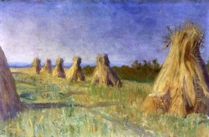 Bright Harvest Landscape With Cornstacks In Foreground by Constance Gore-Booth (Countess Markievicz)