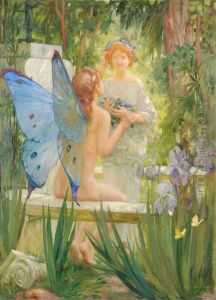 Young Girl In A Sunlit Garden Being Crowned With Flowers By A Fairy Seated Upon A Marble Bench