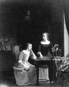 Two Women In An Interior With A Birdcage