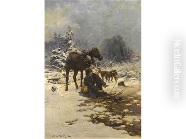 A Hunter In The Snow Warming His Hands By A Fire - view 1