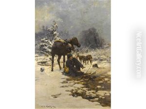 A Hunter In The Snow Warming His Hands By A Fire by Michael Gorstkin-Wywiorski