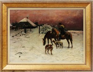 Winter Farm Scene by Michael Gorstkin-Wywiorski