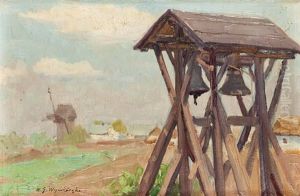 Pejzaz Z Dzwonnica I Wiatrakiem by Michael Gorstkin-Wywiorski