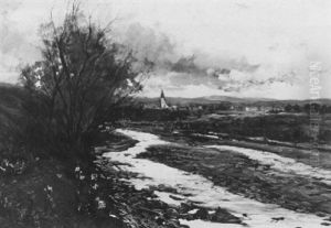 River Landscape With A Town In The Distance by Michael Gorstkin-Wywiorski