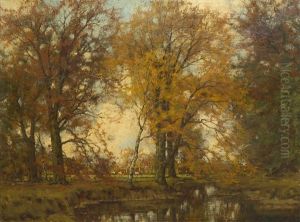 Herfststemming In Bos' / Autumn Landscape With Cattle Grazing By The Water by Arnold Marc Gorter