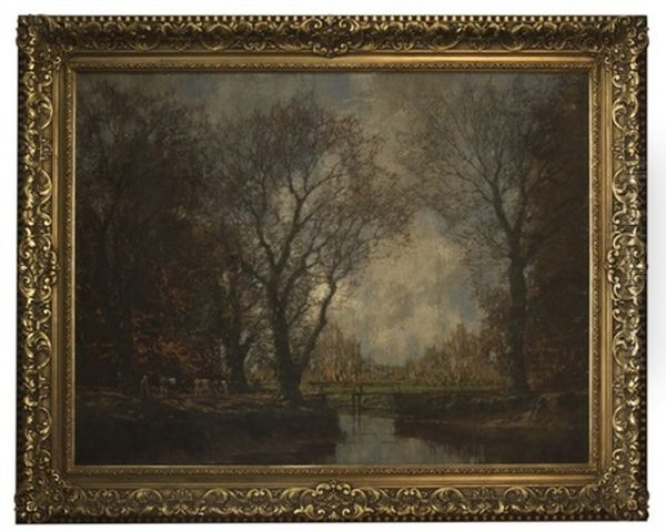 Autumnal Wooded Scene With Figure And Cows - view 1