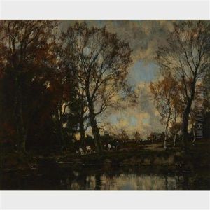 Shepherdess And Cattle Watering By A Shady Pond by Arnold Marc Gorter