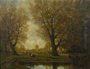 A Wooded Landscape With Cattle Watering At A Pond by Arnold Marc Gorter