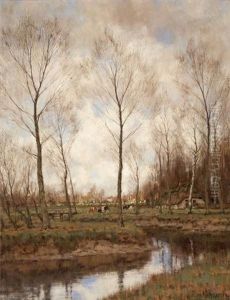 Cows And Distant Cottages In Spring Landscape by Arnold Marc Gorter