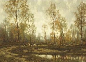 Driving The Cattle Past A Lake In Autumn by Arnold Marc Gorter