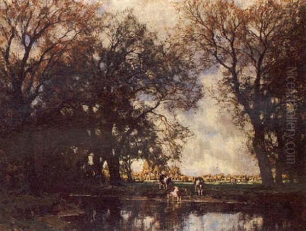 River Landscape With Cattle Watering - view 1
