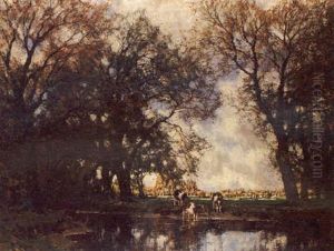 River Landscape With Cattle Watering