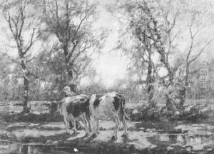 Milkmaid Leading Cows Through Treed Path by Arnold Marc Gorter
