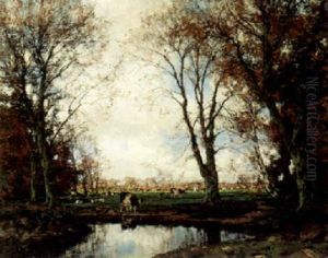 Cows Grazing By A Wooded Stream by Arnold Marc Gorter