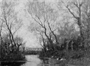 A Wooded Landscape With Ducks On A Bank And Cows In A Meadow In The Background by Arnold Marc Gorter