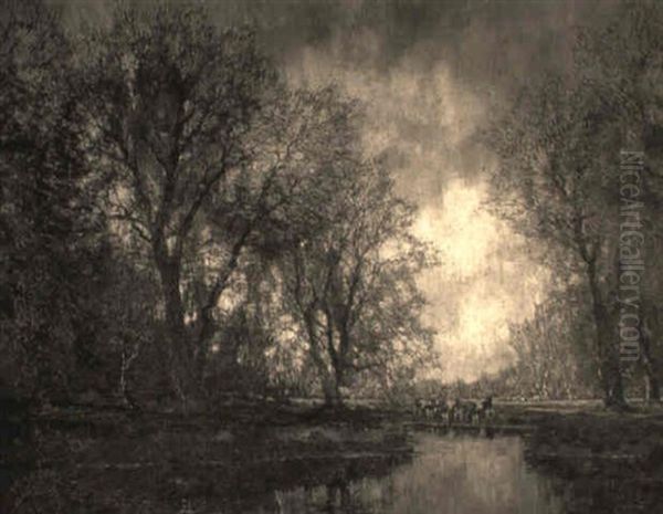 An Autumn Landscape With Cattle Watering In A Clearing - view 1