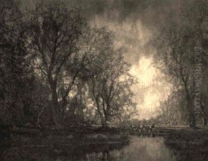 An Autumn Landscape With Cattle Watering In A Clearing by Arnold Marc Gorter