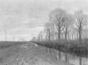 A Wooded Autumn Landscape With A Peasantmother And Child Walking On A Country-lane Along A Canal by Arnold Marc Gorter