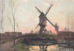 Moulin A Astene (?) Au Coucher De Soleil