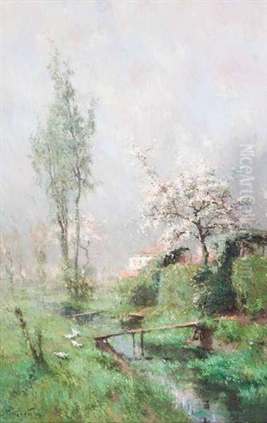 Paysage Au Printemps Avec Canards Pres D'un Pont A L'arriere-plan - view 1