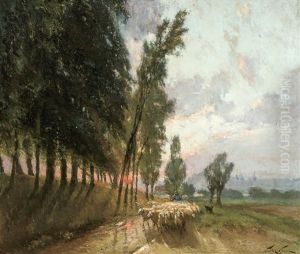 Berger Et Son Troupeau Au Coucher Du Soleil by Pieter Gorus