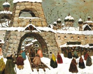 Winter Day Street Life At A Russian Town Gate With Several Churches In The Background Winter Day Street Life At A Russian Town Gate With Several Churches In The Background