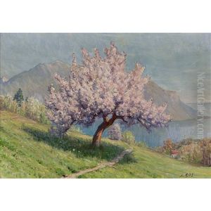 Seelandschaft Mit Bluhendem Obstbaum