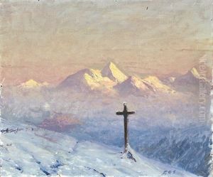 Wegkreuz Vor Hochgebirge In Verschneiter Landschaft by Albert H. Gos