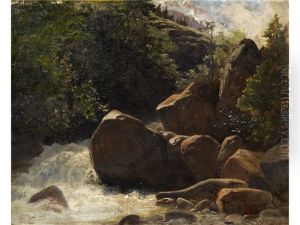 Felsige Berglandschaft Mit Einem Gebirgsbach Zwischen Grosen Felsbrocken