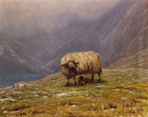 Berglandschaft Mit Schafbock Und Seiner Nachkommenschaft by Albert H. Gos