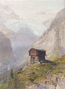 Walliser Alpenlandschaft Mit Kleiner Viehherde Walliser Alpenlandschaft Mit Kleiner Viehherde