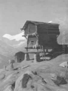 Hochgebirgslandschaft Mit Bergbauern Vor Einer Holzhutte by Albert H. Gos