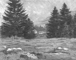 Walliser Landschaft Mit Tannen, Gehoft Und Weidenden Kuhen