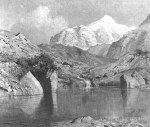 Gebirgssee Mit Bach Und Bluhenden Buschen by Albert H. Gos