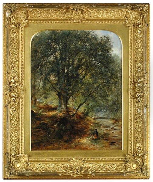 Two Children Picnicking By A Woodland Stream - view 1