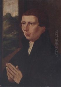 Portrait Of A Young Man In A Black Coat And White Chemise, A Landscape View Through A Window Beyond by Jan Gossaert