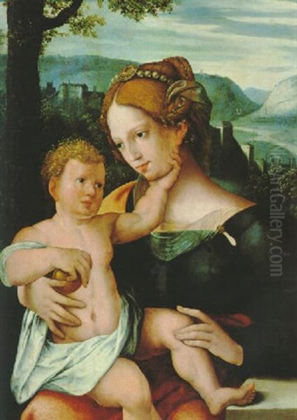 Maria Mit Dem Kind In Einer Hugeligen Fluslandschaft Mit Einer Burg - view 1