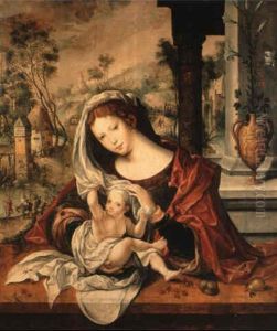 The Madonna And Child , The Flight Into Egypt In A Wooded Valley Beyond by Jan Gossaert