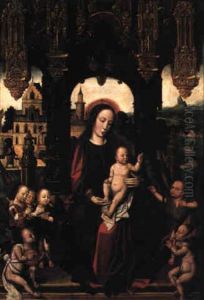 Madonna And Child Enthroned, Angels Nearby by Jan Gossaert